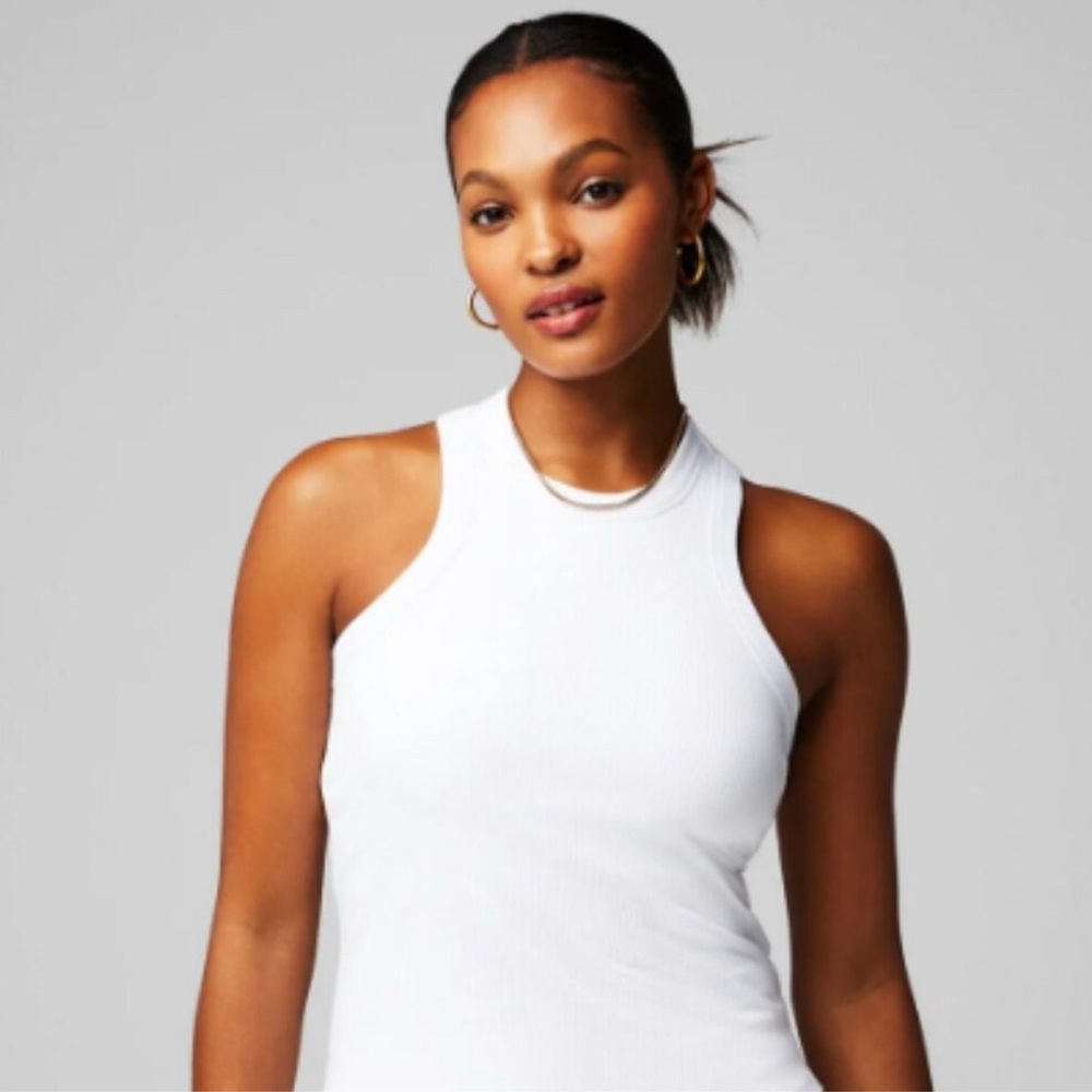 Fabletics - High Neck Rib Built-In Bra Tank - White - Medium